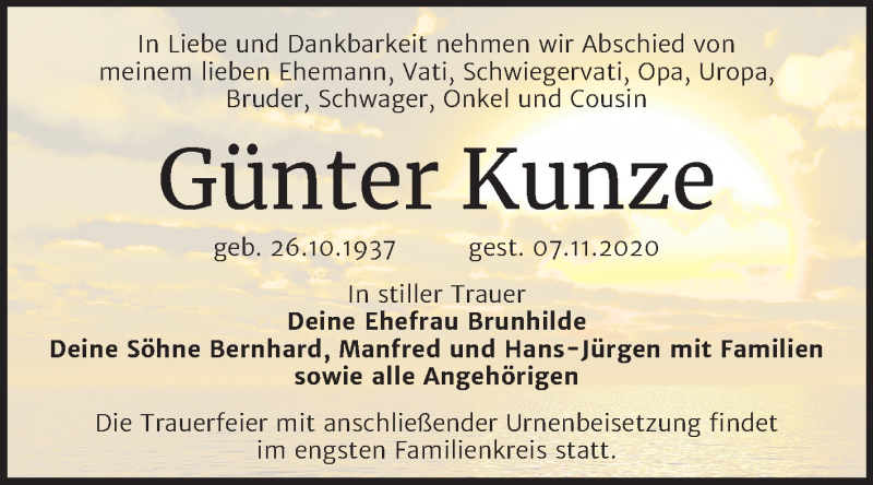  Traueranzeige für Günter Kunze vom 14.11.2020 aus Mitteldeutsche Zeitung Wittenberg