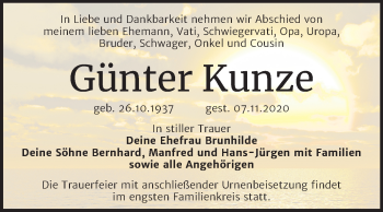 Traueranzeige von Günter Kunze von Super Sonntag Wittenberg