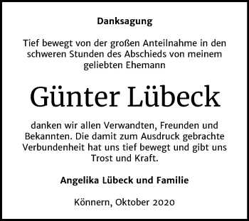 Traueranzeige von Günter Lübeck von Mitteldeutsche Zeitung Bernburg