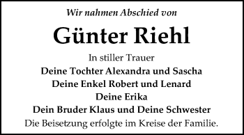 Traueranzeige von Günter Riehl von Wochenspiegel Bitterfeld