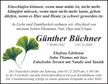 Traueranzeige von Günther Büchner von Mitteldeutsche Zeitung Dessau-Roßlau