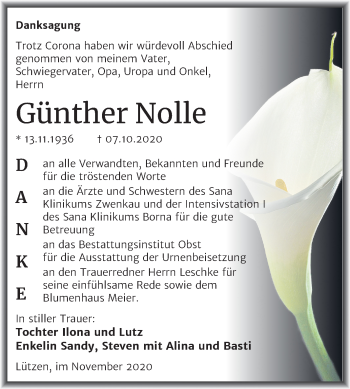 Traueranzeige von Günther Nolle von Wochenspiegel Weißenfels