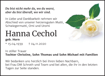 Traueranzeige von Hanna Cechol von Mitteldeutsche Zeitung Wittenberg
