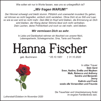 Traueranzeige von Hanna Fischer von Super Sonntag Mansfelder Land