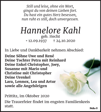 Traueranzeige von Hannelore Kahl von Wochenspiegel Weißenfels