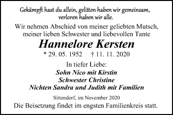 Traueranzeige von Hannelore Kersten von Mitteldeutsche Zeitung Sangerhausen