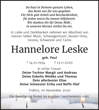 Traueranzeige von Hannelore Leske von Mitteldeutsche Zeitung Wittenberg