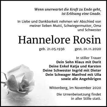 Traueranzeige von Hannelore Rosin von Super Sonntag Wittenberg