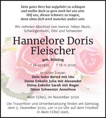 Traueranzeige von Hannelore Doris Fleischer von Mitteldeutsche Zeitung Köthen