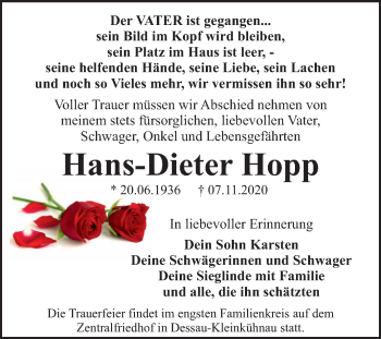 Traueranzeige von Hans-Dieter Hopp von Super Sonntag Dessau-Roßlau
