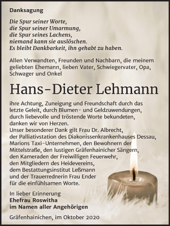 Traueranzeige von Hans-Dieter Lehmann von Mitteldeutsche Zeitung Wittenberg