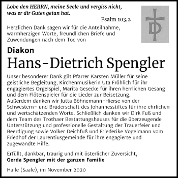Traueranzeige von Hans-Dietrich Spengler von Mitteldeutsche Zeitung Halle/Saalkreis