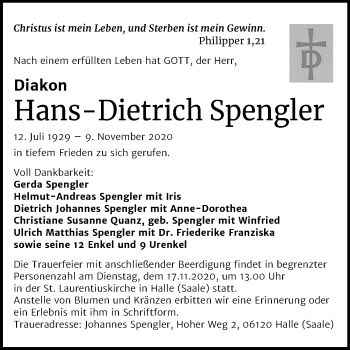 Traueranzeige von Hans-Dietrich Spengler von Mitteldeutsche Zeitung Halle/Saalkreis