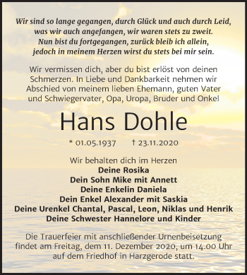 Traueranzeige von Hans Dohle von Mitteldeutsche Zeitung Quedlinburg