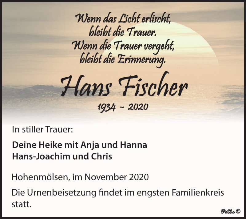  Traueranzeige für Hans Fischer vom 28.11.2020 aus Mitteldeutsche Zeitung Weißenfels