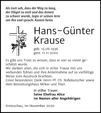 Traueranzeige von Hans-Günter Krause von Mitteldeutsche Zeitung Zeitz