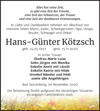 Traueranzeige von Hans-Günter Kötzsch von Super Sonntag Merseburg/Querfurt