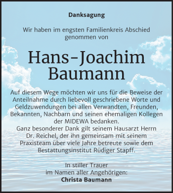 Traueranzeige von Hans-Joachim Baumann von Mitteldeutsche Zeitung Mansfelder Land
