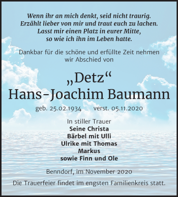 Traueranzeige von Hans-Joachim Baumann von Mitteldeutsche Zeitung Mansfelder Land
