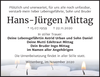 Traueranzeige von Hans-Jürgen Mittag von Mitteldeutsche Zeitung Wittenberg