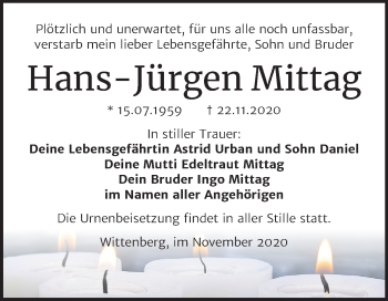 Traueranzeige von Hans-Jürgen Mittag von Super Sonntag Wittenberg