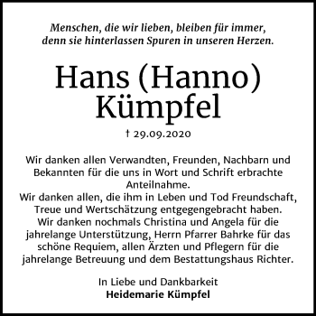 Traueranzeige von Hans Kümpfel von Mitteldeutsche Zeitung Sangerhausen