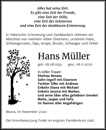 Traueranzeige von Hans Müller von Mitteldeutsche Zeitung Merseburg/Querfurt