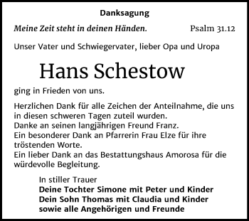 Traueranzeige von Hans Schestow von Super Sonntag Dessau-Roßlau