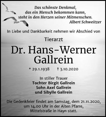 Traueranzeige von Hans-Werner Gallrein von Super Sonntag Sangerhausen