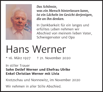 Traueranzeige von Hans Werner von Super Sonntag Zeitz