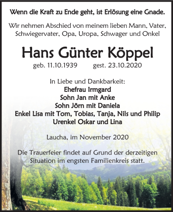 Traueranzeige von Hans Günter Köppel von Wochenspiegel Naumburg/Nebra
