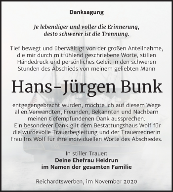 Traueranzeige von Hans Jürgen Bunk von Mitteldeutsche Zeitung Weißenfels