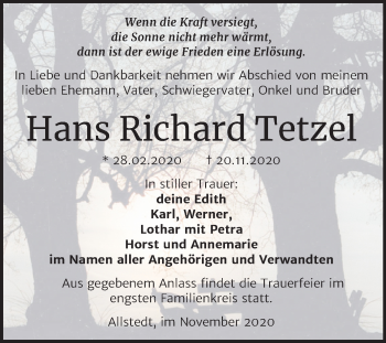 Traueranzeige von Hans Richard Tetzel von Mitteldeutsche Zeitung Sangerhausen