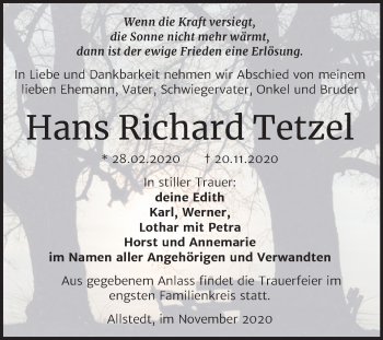 Traueranzeige von Hans Richard Tetzel von Super Sonntag Sangerhausen