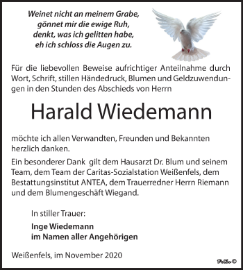 Traueranzeige von Harald Wiedemann von Wochenspiegel Weißenfels