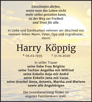 Traueranzeige von Harry Köppig von Super Sonntag Zeitz