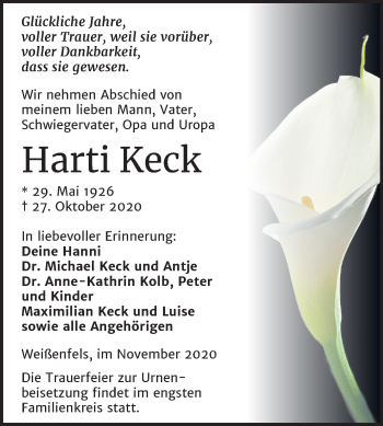 Traueranzeige von Harti Keck von Mitteldeutsche Zeitung Weißenfels
