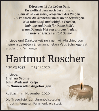 Traueranzeige von Hartmut Roscher von Super Sonntag Merseburg/Querfurt