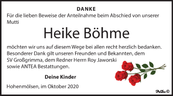 Traueranzeige von Heike Böhme von Mitteldeutsche Zeitung Weißenfels