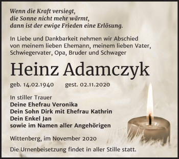 Traueranzeige von Heinz Adamczyk von Super Sonntag Wittenberg