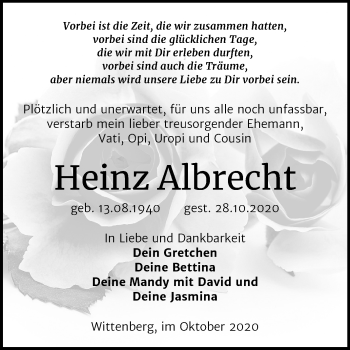 Traueranzeige von Heinz Albrecht von Mitteldeutsche Zeitung Wittenberg
