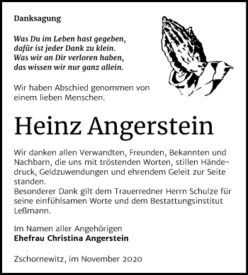 Traueranzeige von Heinz Angerstein von Mitteldeutsche Zeitung Wittenberg
