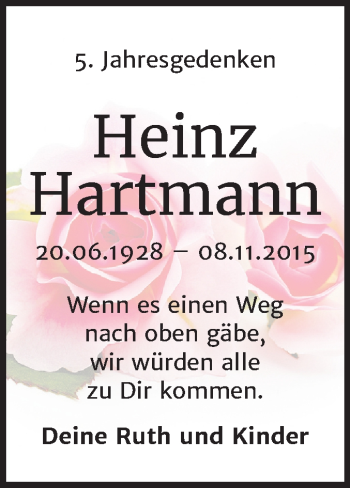 Traueranzeige von Heinz Hartmann von Mitteldeutsche Zeitung Köthen
