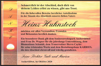 Traueranzeige von Heinz Huhnstock von Wochenspiegel Aschersleben