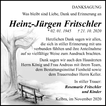Traueranzeige von Heinz-Jürgen Fritschler von Mitteldeutsche Zeitung Sangerhausen