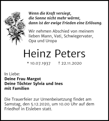 Traueranzeige von Heinz Peters von Mitteldeutsche Zeitung Sangerhausen