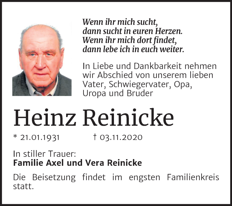  Traueranzeige für Heinz Reinicke vom 14.11.2020 aus Super Sonntag Dessau-Roßlau