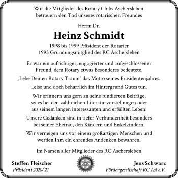 Traueranzeige von Heinz Schmidt von Super Sonntag Aschersleben