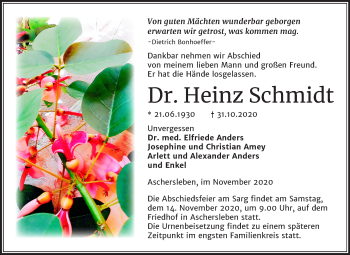 Traueranzeige von Heinz Schmidt von Wochenspiegel Aschersleben