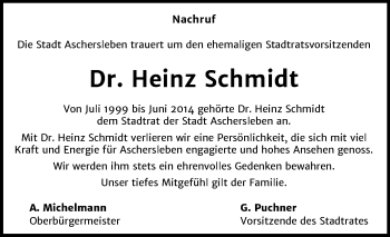 Traueranzeige von Heinz Schmidt von Wochenspiegel Aschersleben
